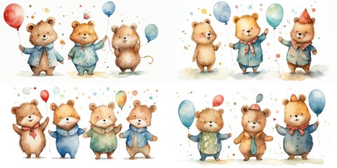 Wall Mural - watercolor style illustration of cute young baby bears play together,  collection set, Generative Ai