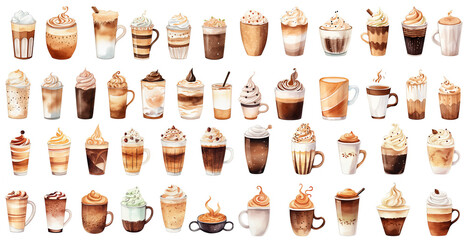 Wall Mural - watercolor style illustration of glass of hot and cold coffee with whipped cream, collection set, Generative Ai