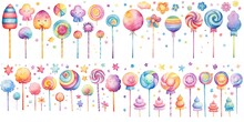 Watercolor Style Illustration Of Cute Cartoon Lollipop Candy Collection Set, Generative Ai