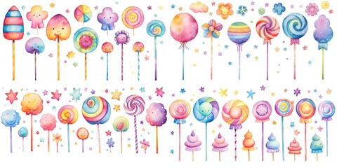 Sticker - watercolor style illustration of cute cartoon lollipop candy collection set, Generative Ai