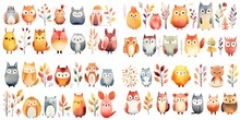 Watercolor Style Illustration Of Cute Owl Bird , Collection Set, Generative Ai