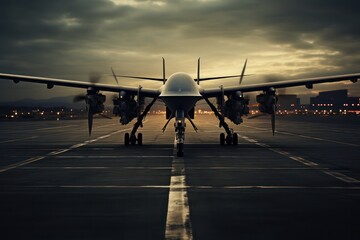 Modern warfare. Takeoff of an unmanned combat drone for observation, control of the situation and delivering pinpoint strikes against the enemy