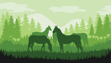 World Wildlife Day With Silhouettes Of Horse, Simple Grassland Background, Green Gradient Background, Animals Background, Horses Background, Pasture, Meadow