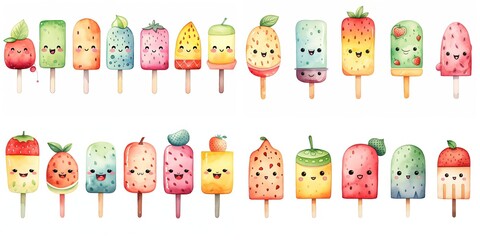 Wall Mural -  watercolor style illustration of cute cartoon popsicle ice-cream collection set, Generative Ai