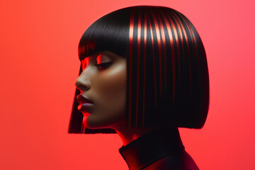 futuristic beauty portrait of black woman with a sharp bob haircut