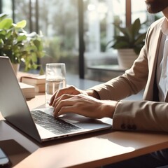 male office worker hand doing work with laptop on the desk in the office