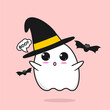 cartoon cute ghost in halloween hat and cute bat