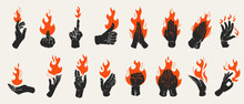 Set Human Hands With Fire Or Flame In Retro Flat Style. Collection Different Vector Illustration For Tattoo, Print. Various Vintage Color Art Composition.