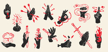 Set Hand Draw Composition With Silhouettes Hand And Red Elements In Vintage Retro Style. Design Concept Art For Old School Tattoo, Banner, Sticker. Vector Fashion Cartoon Illustration.