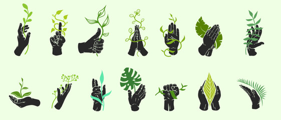 Wall Mural - Set silhouettes hands with plant and leaves in fashion minimal style. Collection various botanical art composition. Elegant vector illustration.