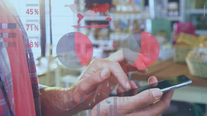 Wall Mural - Animation of statistical data processing against mid section of a man using digital tablet at a cafe