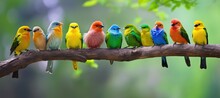 Tropical Birds Sitting On A Tree Branch In The Rainforest