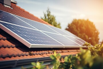 close up of a new building with solar panels on the roof. sustainable and clean energy at home.