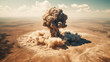 © pitipat - Aerial view atomic or nuclear fusion bomb been tested in desert area with mushroom shape cloud high in the sky. War weapon science experiment concept. Generative AI