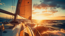 Sunset At The Sailboat Deck While Cruising Sailing