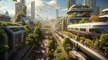 Poster -  a futuristic city with a train going through the middle of it.  generative ai