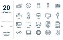 Computer And Tecnology Linear Icon Set. Includes Thin Line Router, Router, Computer, Compact Disk, Speaker, Laptop, Memory Card Icons For Report, Presentation, Diagram, Web Design