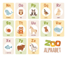 Cute Cartoon Zoo Alphabet For Kids. English Alphabet Cards With Funny Animals. Vector Illustration
