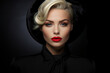 © Sergio - Portrait of beautiful elegant caucasian blonde woman with make-up and red lipstick wearing black hat on dark background looking at camera