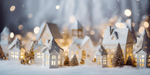 Christmas Miniature Scene Of Cozy Town With Festive Buildings, Lights,bokeh, Lantern Decorations.New Year, Xmas Background.Winter Magical Card. Wanderland. Holidays Template.Generative Ai