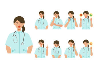 Wall Mural - Working nurse Woman. Healthcare conceptWoman cartoon character head collection set. People face profiles avatars and icons. Close up image of smiling Woman.