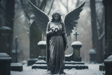 Angel Statue In A Snowy Cemetery.