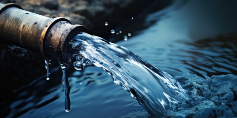 water pipe in water field, discharge. clear water flowing from a pipe, closeup.