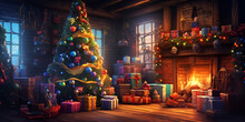 Christmas Decorated With Multicolor Christmas Balls And Many Presents Are Placed Near Fire Place, Christmas Tree With Presents And Fireplace In Dark Room, Generative Ai