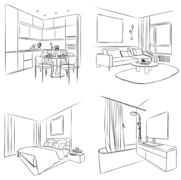 Set of different interior hand drawn sketch. Kitchen, living room, bathroom, bedroom