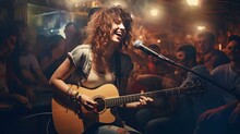 A Woman With A Guitar In A Bar.