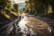 A Mud Road By The Lake In A Village - AI Generative