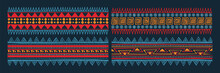 Set Of Tribal Aztec Pattern Banner Background. Ethnic Border Style Vector Seamless Pattern. Ethnic Embroidery Seamless Border Template. Gypsy Geometric Motif, Mexico Or African Print Design