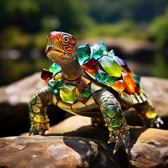 Wall Mural - A turtle made of beautiful gemstones. Reptile. Wildlife Animals. Decorations. Illustration, Generative AI.