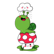 Illustration Of A Cute Snail On Top Of A Mushroom And Under A Rain Cloud, Character Design, Design For T-shirt