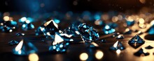 Brilliant Diamonds On A Dark Background. 3d Rendering.Close Up Macro A Lot Of Faceted Diamond Falling