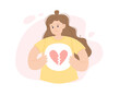 Broken heart person. A sad woman with a broken heart in her chest, flat cartoon vector illustration.