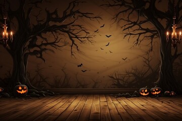 Wall Mural - halloween interior wall background with floor and space for text