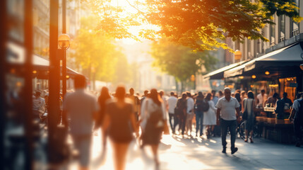 Sticker - Busy street scene with crowds of people walking in the city, shopping, tourism, business people on a sunny day, blurred bokeh background crowded