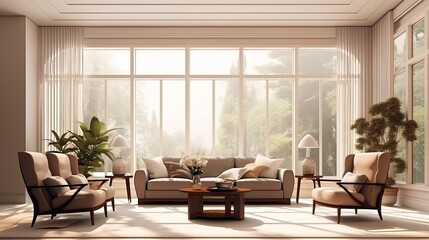 Interior of a beige home's living room featuring a couch and chairs and a large window