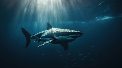 Huge white shark in blue ocean swims under water. Sharks in wild. Marine life underwater in blue ocean.