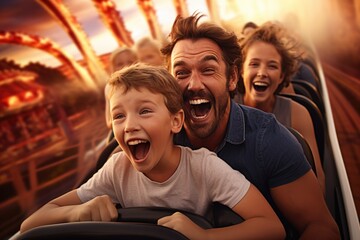 Father and children family riding a rollercoaster at an amusement park experiencing excitement, joy, laughter, and fun