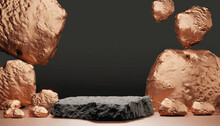 Mars Rock Group Copper And Black Arid Platform Podium Surface Texture Rough Masculine Men Male Concept Raw Stone Stand Advertisement Display Product Backdrop Mountain Rock 3D Illustration Vector .
