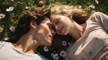 Young Lovely Couple Lying In Flower Field , Man And Woman Lovers Smiling Head To Head In Flowers