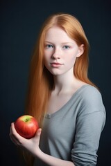 Wall Mural - studio shot of a young woman holding an apple against a gray background