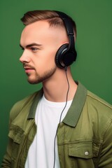 Wall Mural - studio portrait of a handsome young man wearing headphones posing against a green background