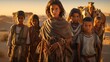 © Romana - a group of children living the nomad lifestyle in the desert among the dunes of sand, golden hour.