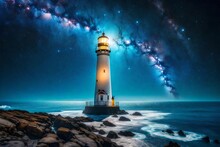 Picture A Surreal Lighthouse On The Edge Of A Cosmic Ocean, Its Light Beam Piercing Through Nebulae And Star Clusters - AI Generative