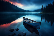 A Quiet Landscape With A Lonely Anchored Boat On A Calm Lake