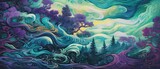 Fototapeta Konie - Flowing trails of jade green, royal purple, and gold highlights, weaving an abstract tale of enchanted forests and fairy tales