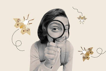 Poster - Creative abstract composite photo collage of curious schoolboy look at magnifier glass investigate butterflies isolated painted background